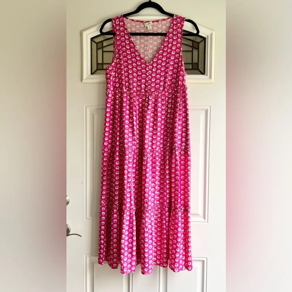 J. Crew Floral Sleeveless Tiered Midi Dress in Pink and White Floral Print